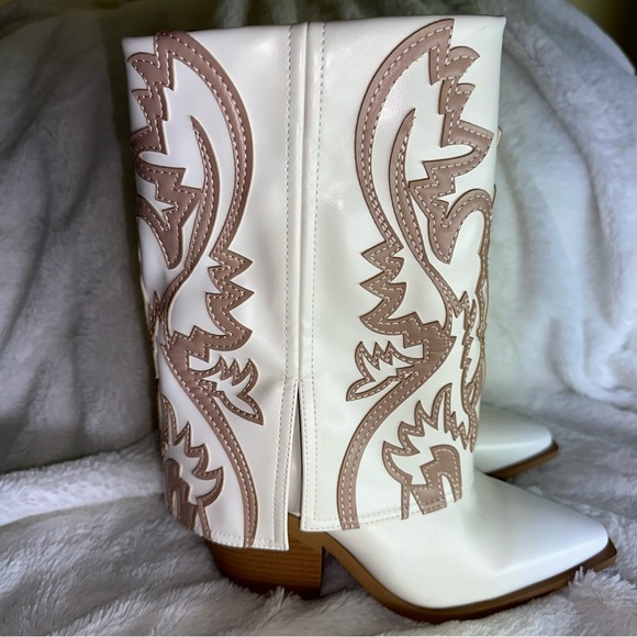 Azalea Wang Esperanza Cowboy Heeled Boot White Beige 6 Bohemian Country Concert - Picture 7 of 14